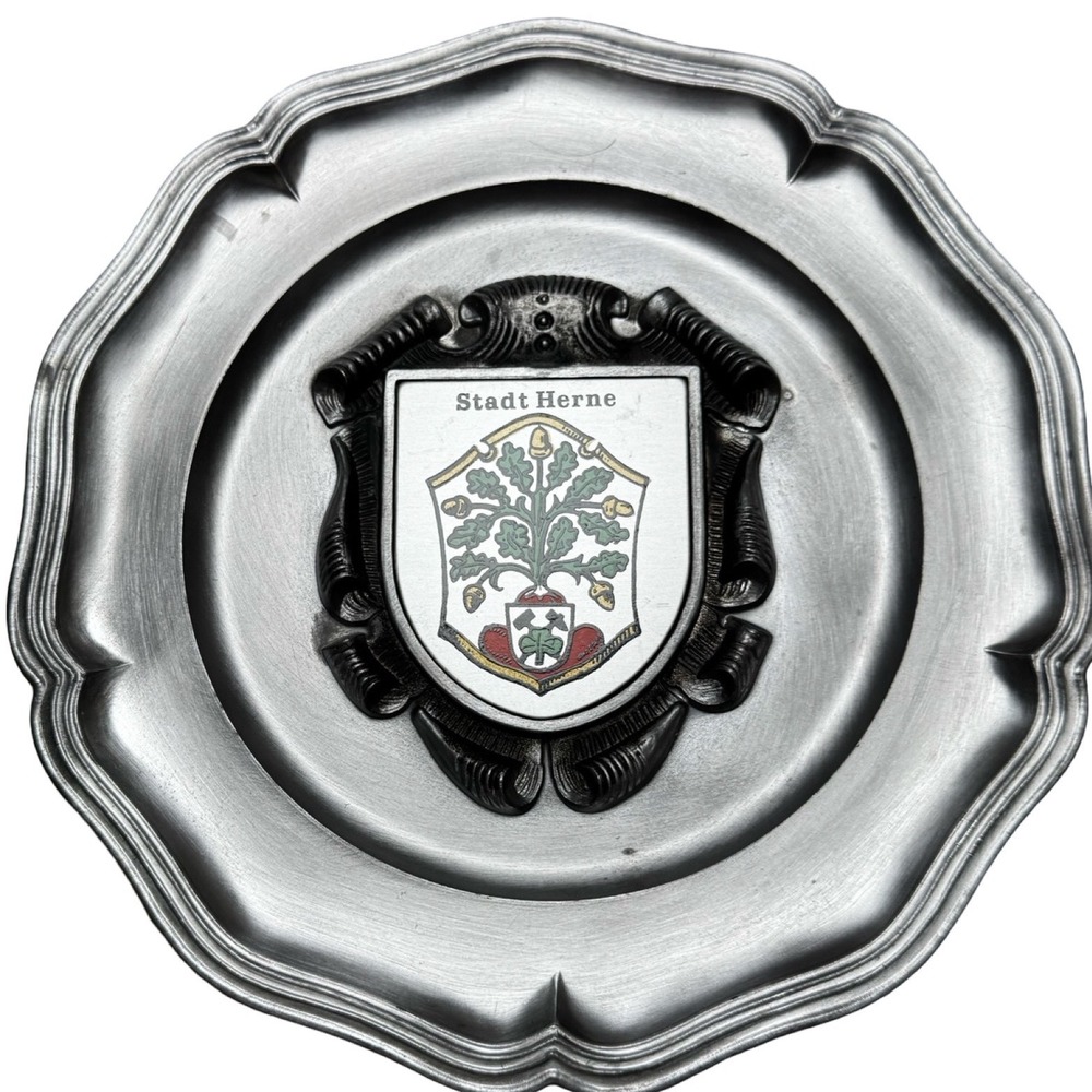 WMF Pewter Wall Plate Stadt Herne Germany 9in‎ Silver Excellent Enameled Crest